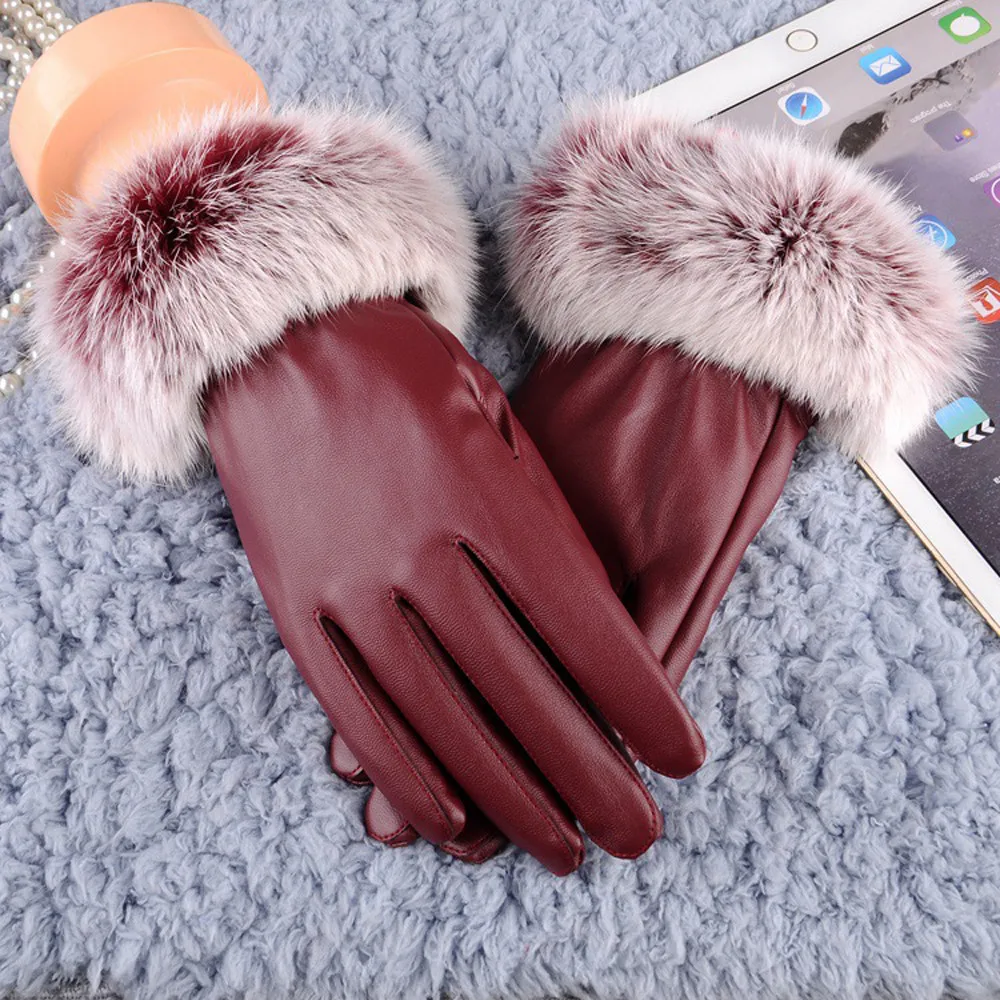 Winter Warm Mitten Women Faux Leather Rabbit Fur Balls Female Gloves Causal Wrist Soft Covered Finger Fitness Gloves