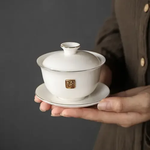 Fat mutton jade porcelain gaiwan Dehua white china tureen blessing words relief