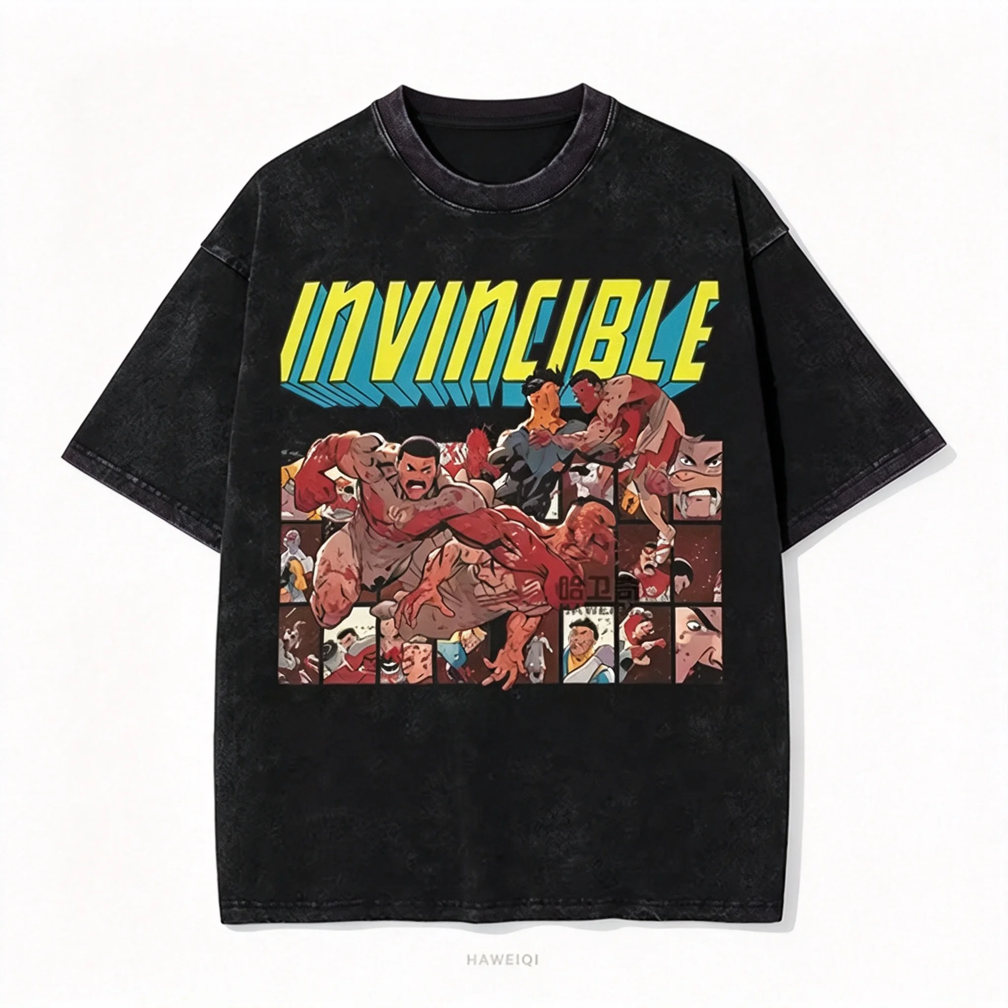 Invincible Cartoon Comic T-shirt, Invincible Hero Washed Short-Sleeve Cotton Clothing European and American Style Retro