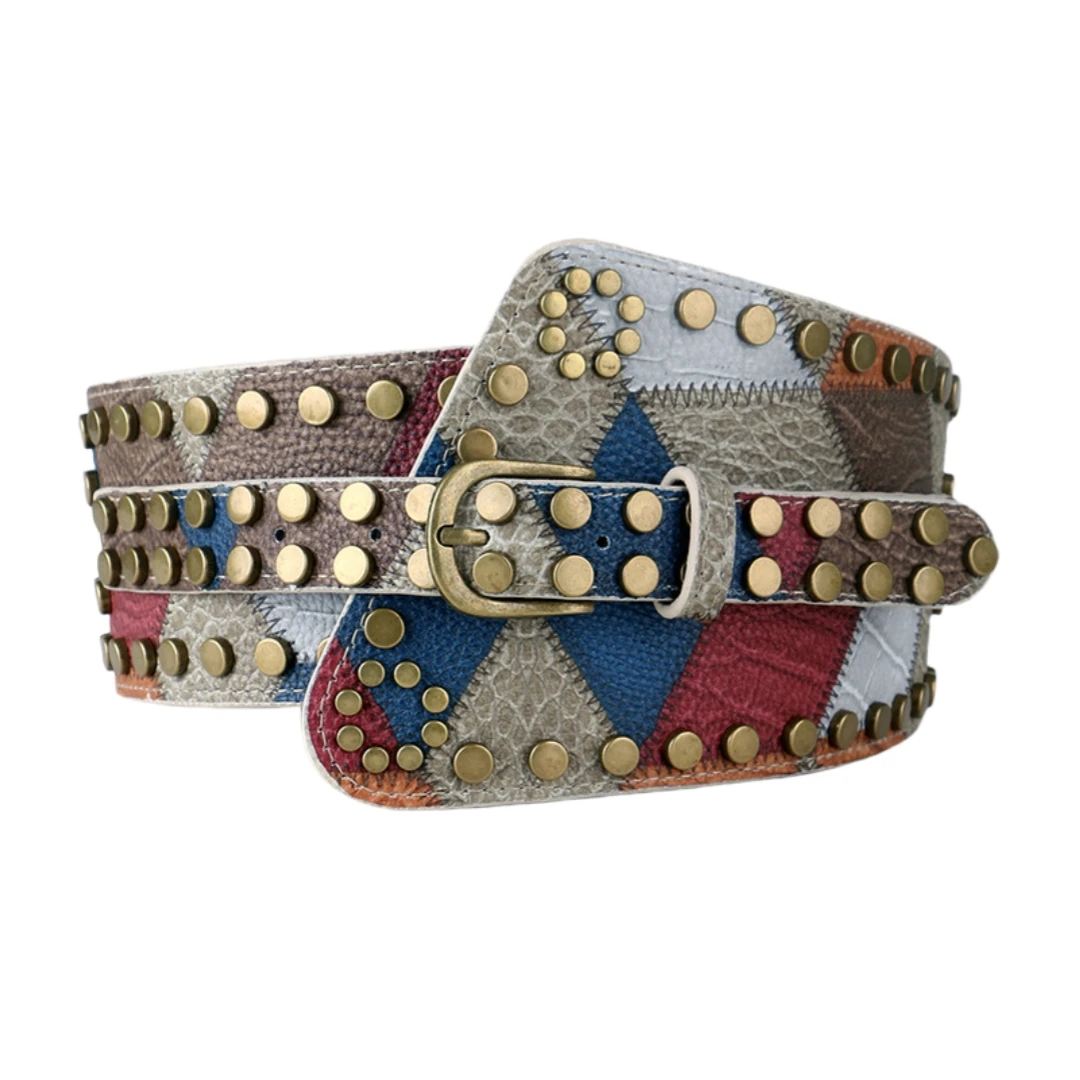 Dames klinknagel lederen balpatroon retro mode riemen voor vrouwen taille decoratieve elasticiteit gordel buikband op jurk jas