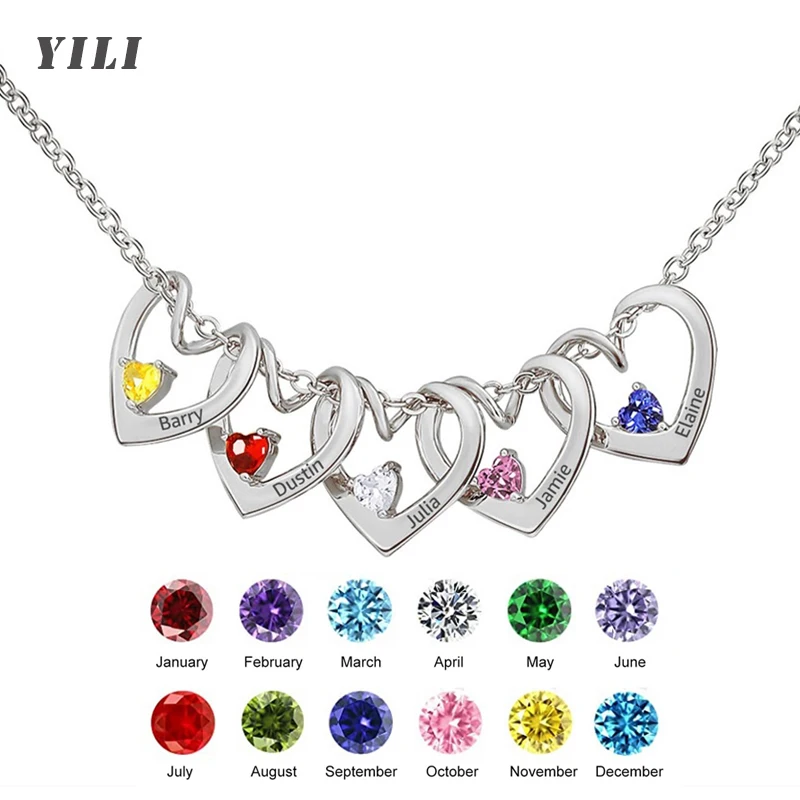 

Personalized BirthStone Necklaces for Women Custom 1-5 Names Birthstone Heart Necklaces for Mom Engraved Name Customized Gift