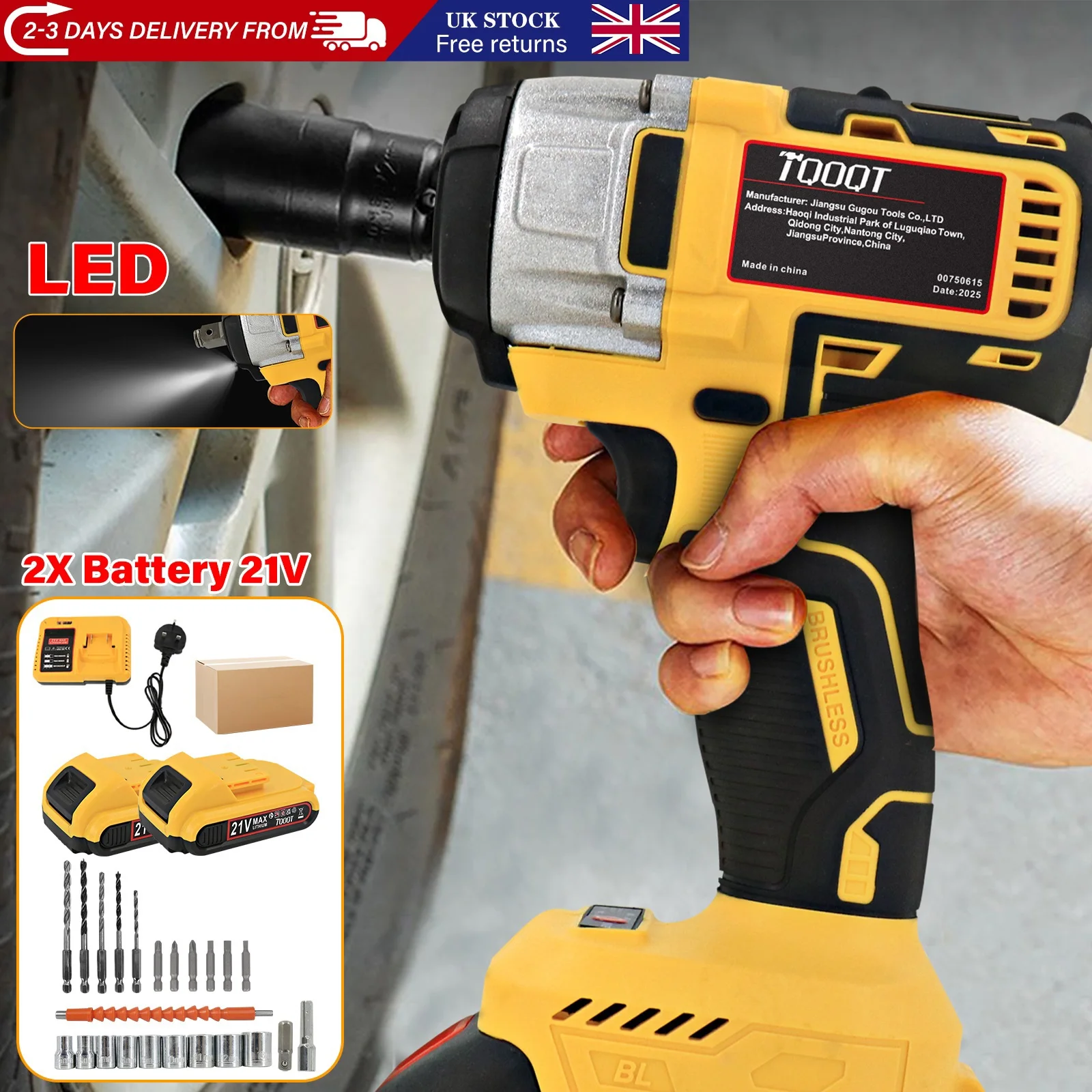 Cordless Electric Impact Wrench with a Torque of 380Nm, 1/2" Drive, Comes with 2 Battery, Ideal for Automotive Repairs Or Home
