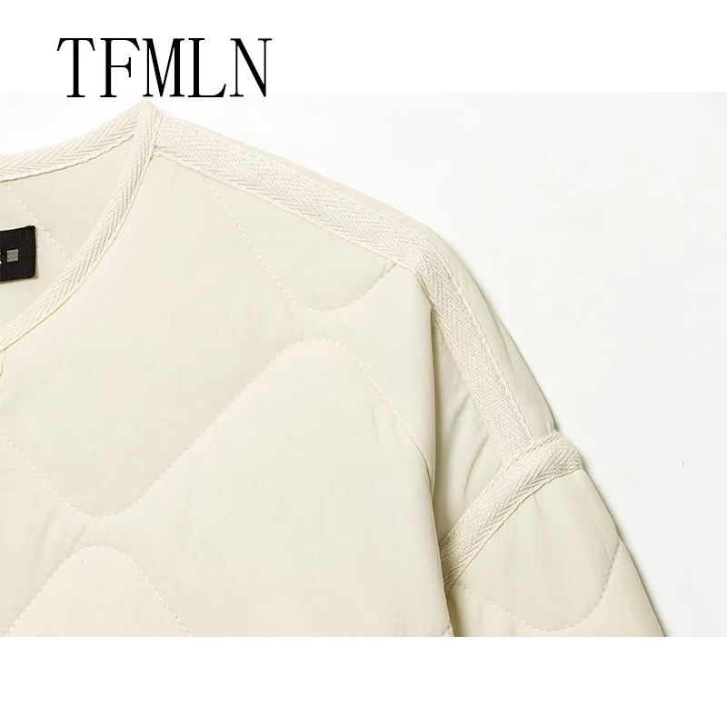TFMLN المرأة الخريف سترة قطن 2025 جديد وصول خمر س الرقبة جيب كبير الزخرفية معطف مبطن للنساء #4