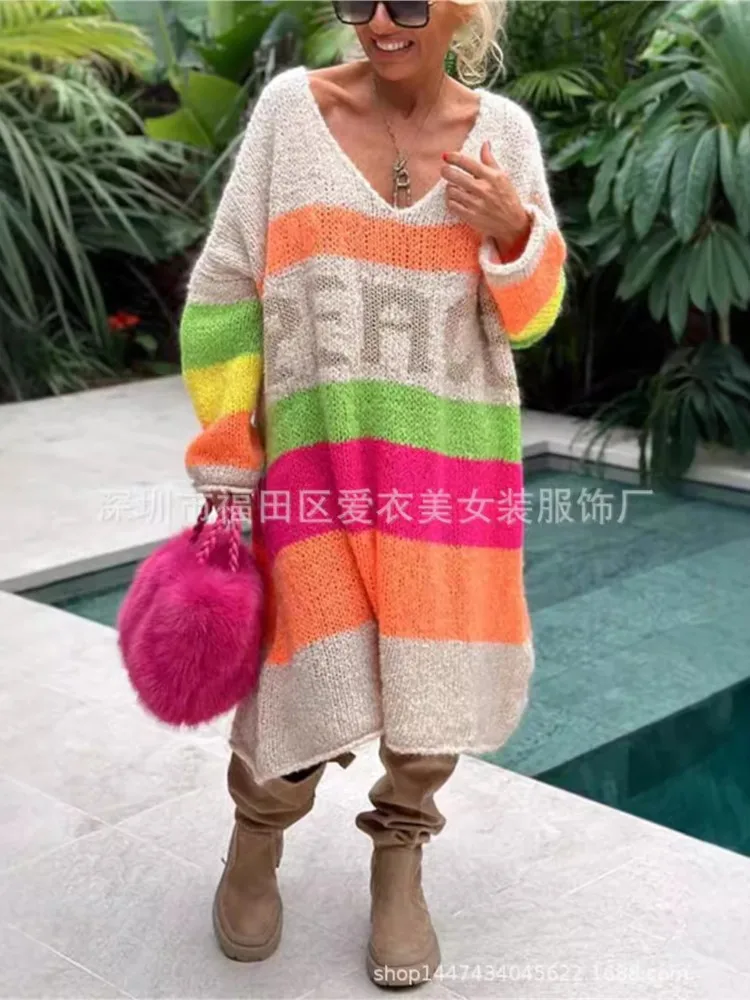 Rainbow Stripe Extra Long Knitted Sweaters Women Fashion Loose V-neck Knitting Maxi Pullover Sweater Female Autumn Winter New