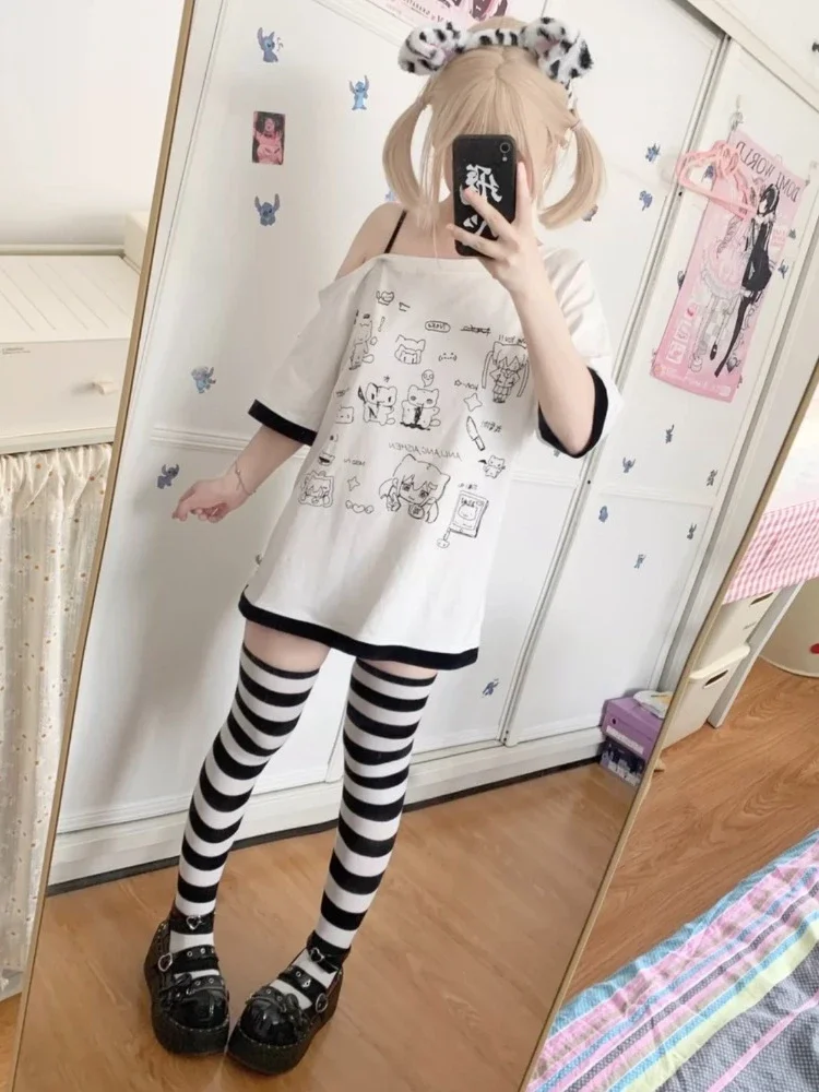 

HOUZHOU Juminocore PatchworkT Shirts Women Japanese Style Kawaii Sweet Gothic Cartoon Print Loose Tees Tops Soft Gril Summer