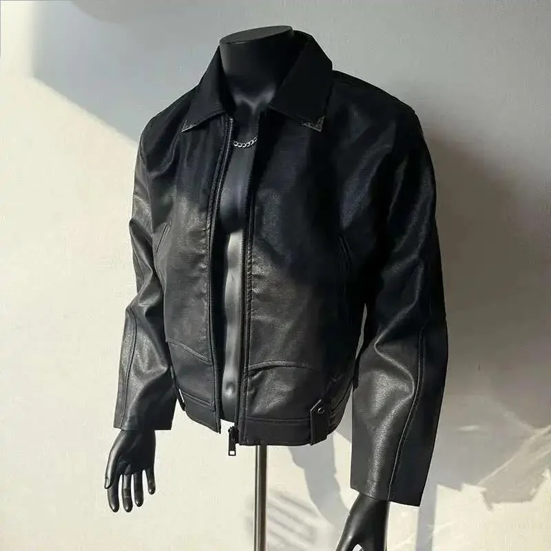 Men's PU Leather Jacket Turn-down Collar Long Sleeve Darkwear 2025 Korea Fashion Male Tops Casual CDFR45