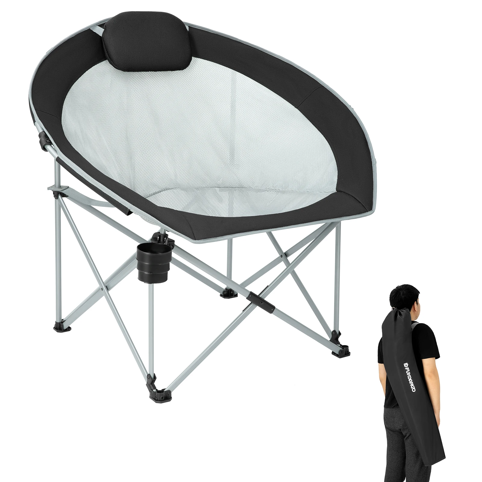 FUNDANGO oversized folding camping chair moon chair, hiking, fishing, picnic, camping, lawn, headrest, cup holder, handbag