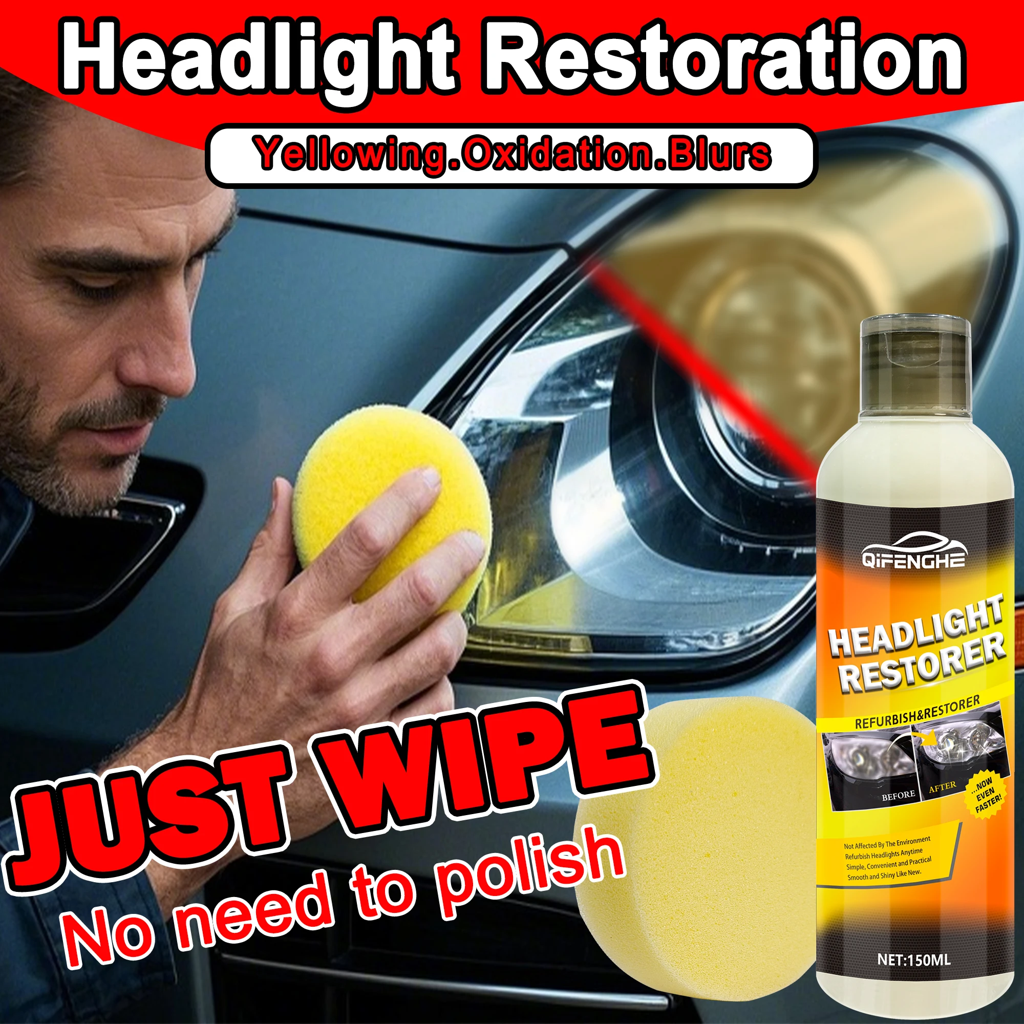 Car Headlight Restoration Cream - Brightens & Cleans Yellowed Lamps, Enhances Visibility