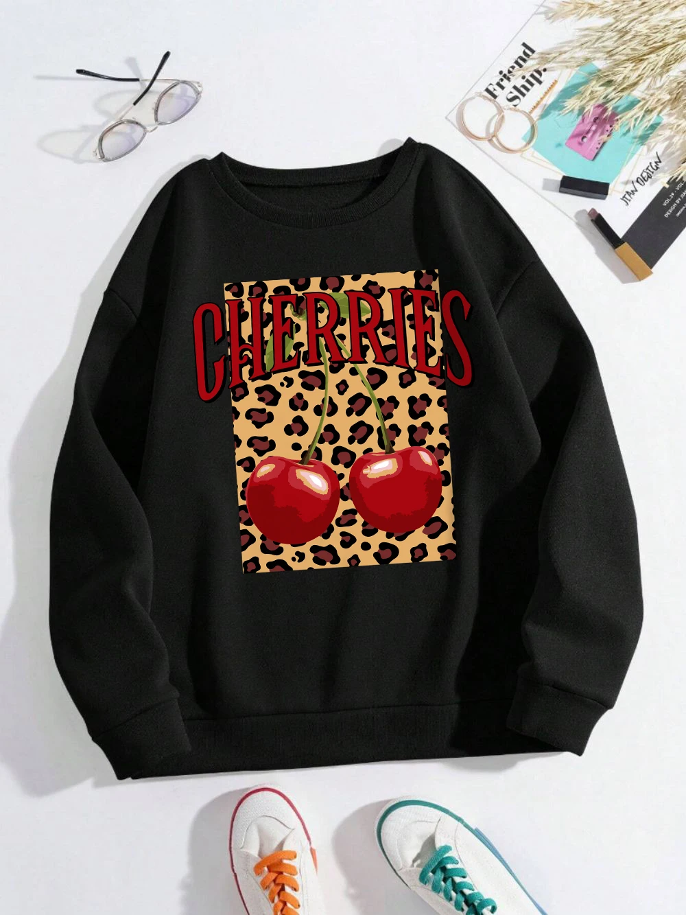 Leopard And Cherry Sweatshirt Womens Fruits Printing Hoodies Crewneck Loose Fleece Warm Tops Street Comfortable Woman Clothes