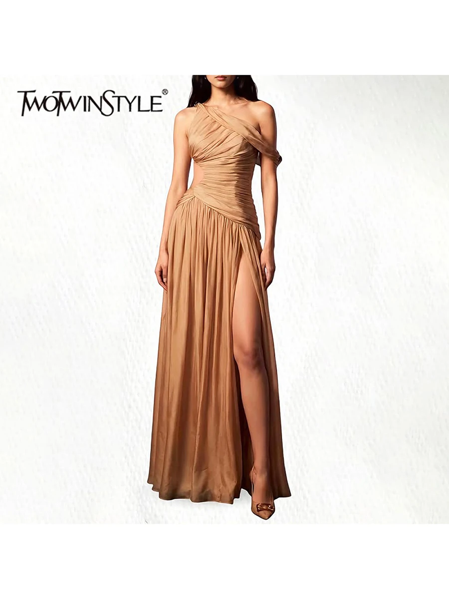 TWOTWINSTYLE Solid Spliced Shirring Elegant Dresses for Women Diagonal Collar Sleeveless Tunic Hollow Out Split Dress Female New