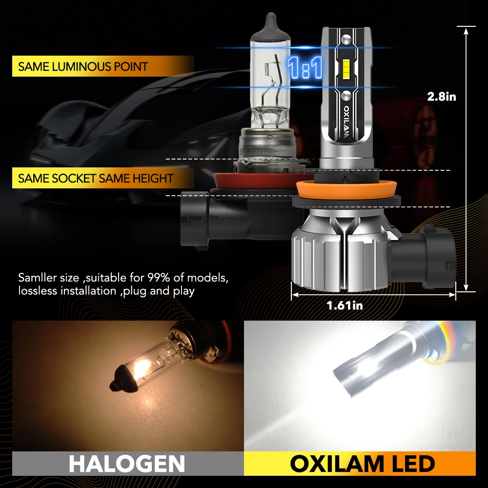 Oxilam-ファンレスLEDヘッドライト電球,16000lm,h11,2023車のヘッドライト,9005 hb3,6500k,hb4,9006,12v,35w,8 h16jp