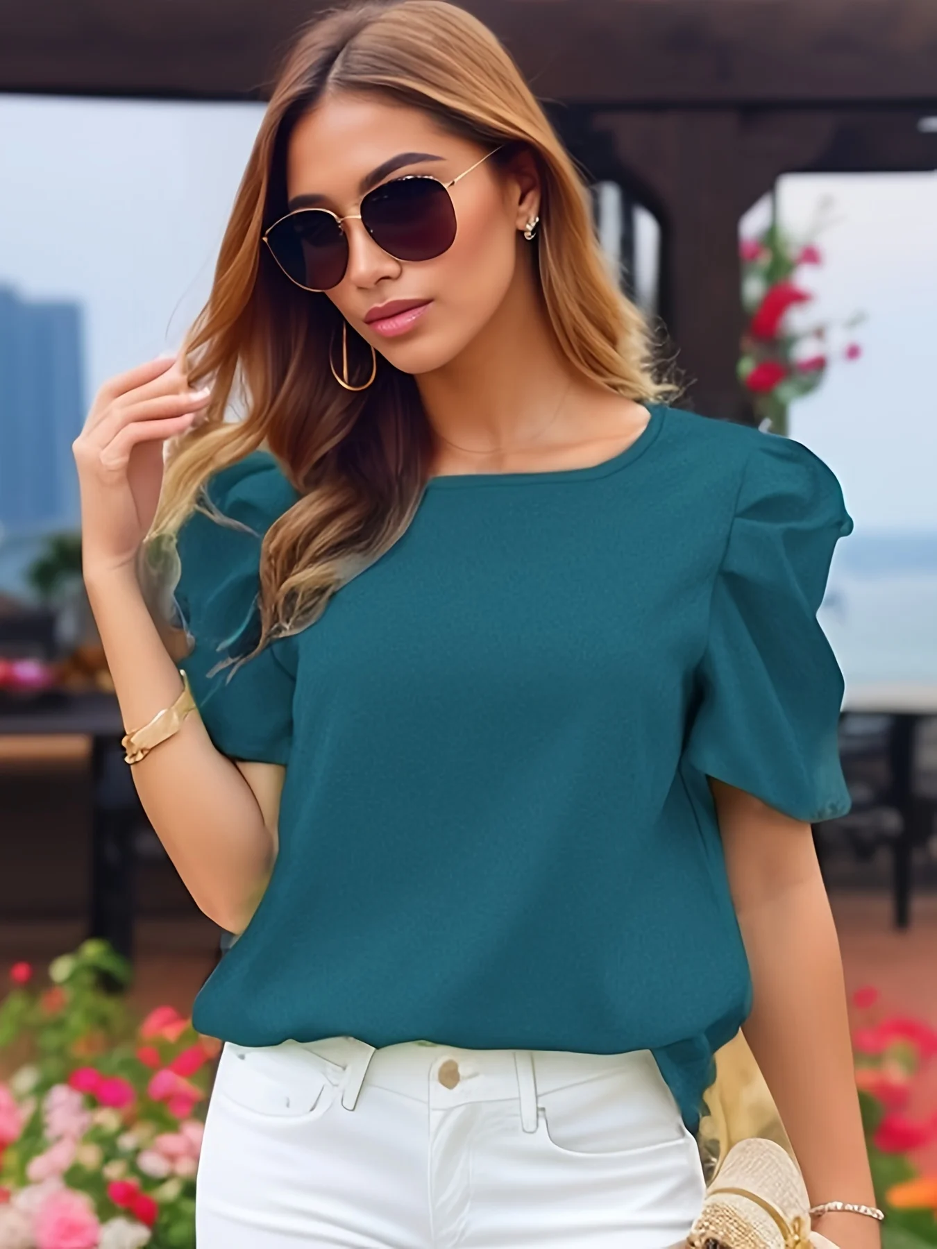 Fashionable Casual and good-looking round tie jacket, elegant puffy sleeve spring and summer blouse, women\'s wear