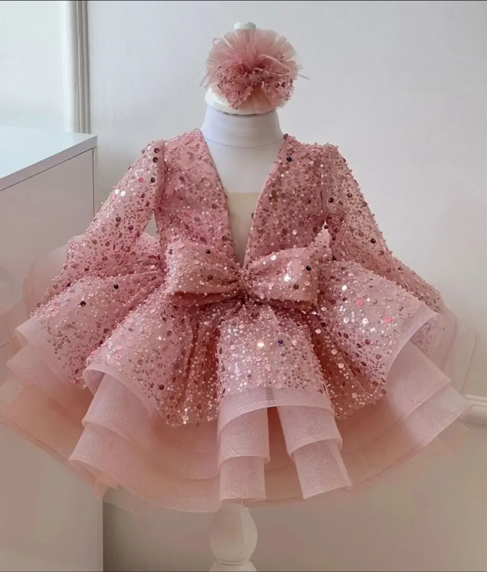 Vestido de flores de manga larga para niña, ropa de fiesta con lazo plateado, Puff escalonado, bonito, de primera comunión