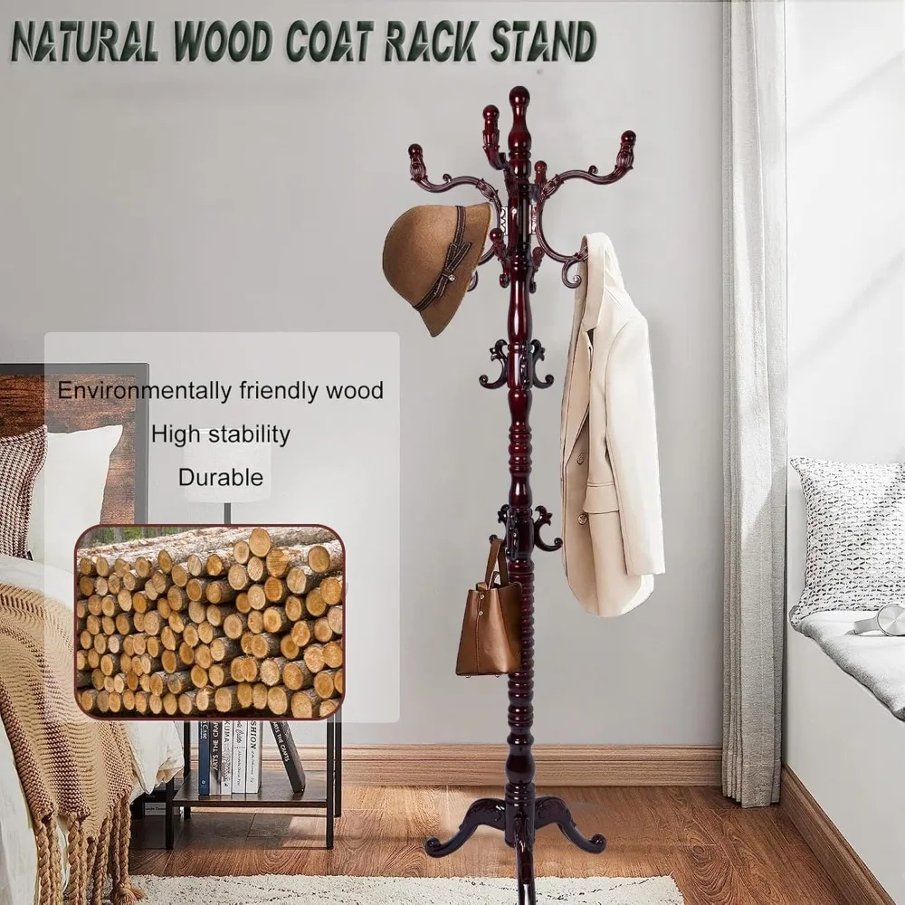 رف معطف خشبي قائم بذاته مع 14 خطافًا، ارتفاع قابل للتعديل، شديد التحمل، قاعدة مستديرة صلبة - حامل معطف شجرة القاعة للمنزل #3