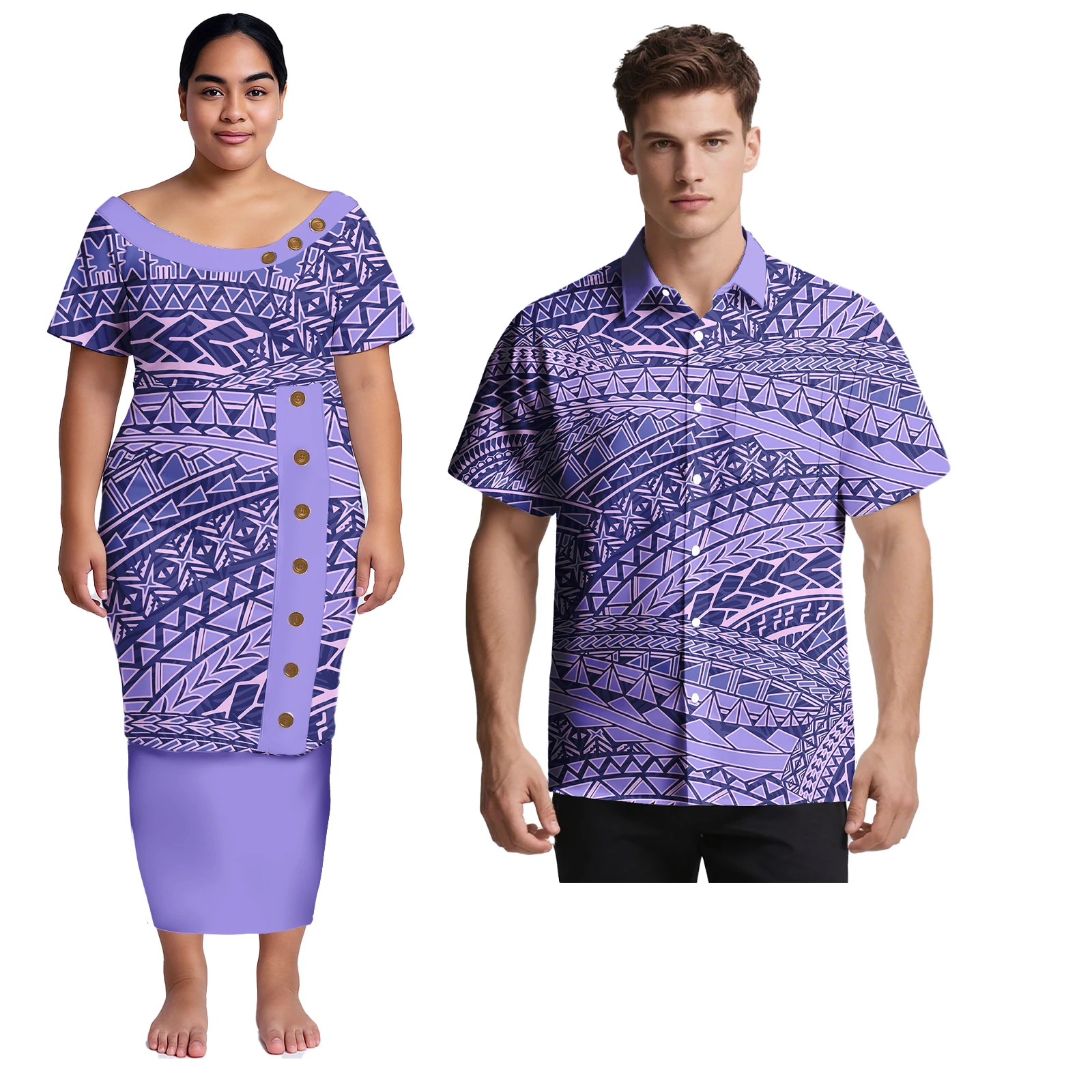 Coppia di vestiti Isand Style Design Samoano Taglie forti Aloha Camicia da uomo abbinata al vestito puletasi hawaiano femminile