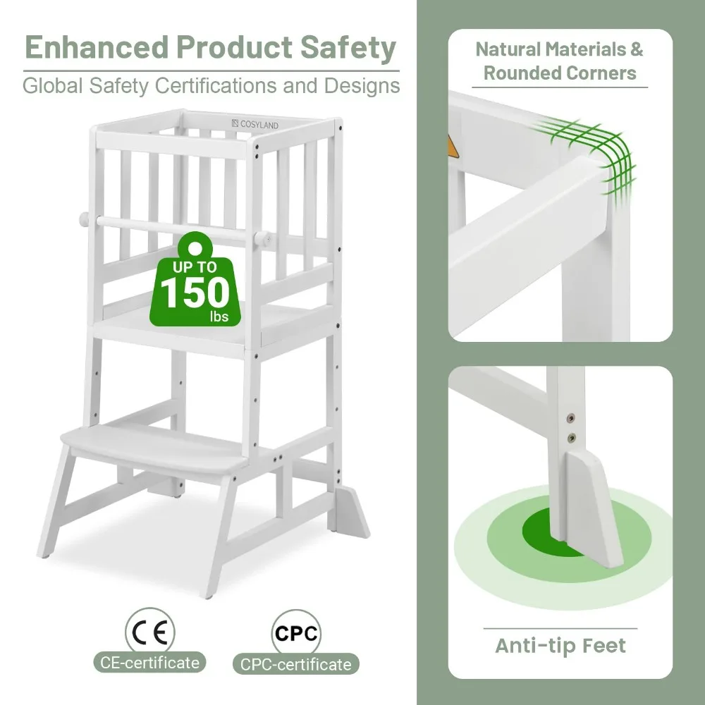 Children's Kitchen Step Stool, Height Adjustable Toddler Standing Tower, Certified CPC and FSC, Detachable Safety Railing