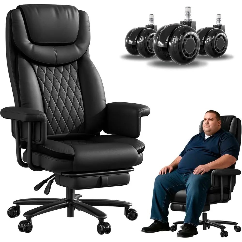 

Large Capacity 500lbs Reclining Office Chair with Footrest, Leather, Adjustable, Padded Arms, Black