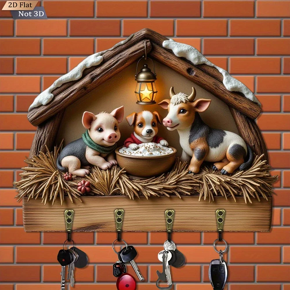 2D Flat, 1pc, wooden multifunctional home key rack with cute pet log cabin shaped key hook, four metal hooks, wall decoration,