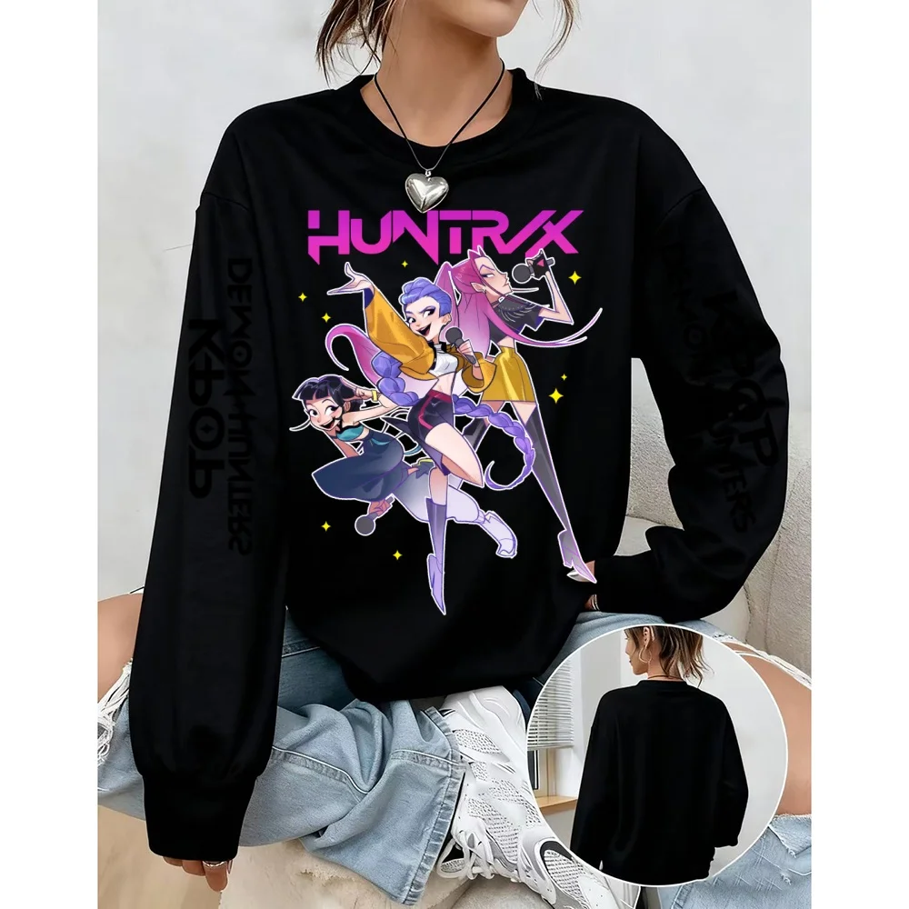 ملابس رياضية نسائية عصرية KPop Demon Hunter مطبوعة بلوفر كاجوال برقبة دائرية كبيرة الحجم مع قلنسوة ملابس نسائية