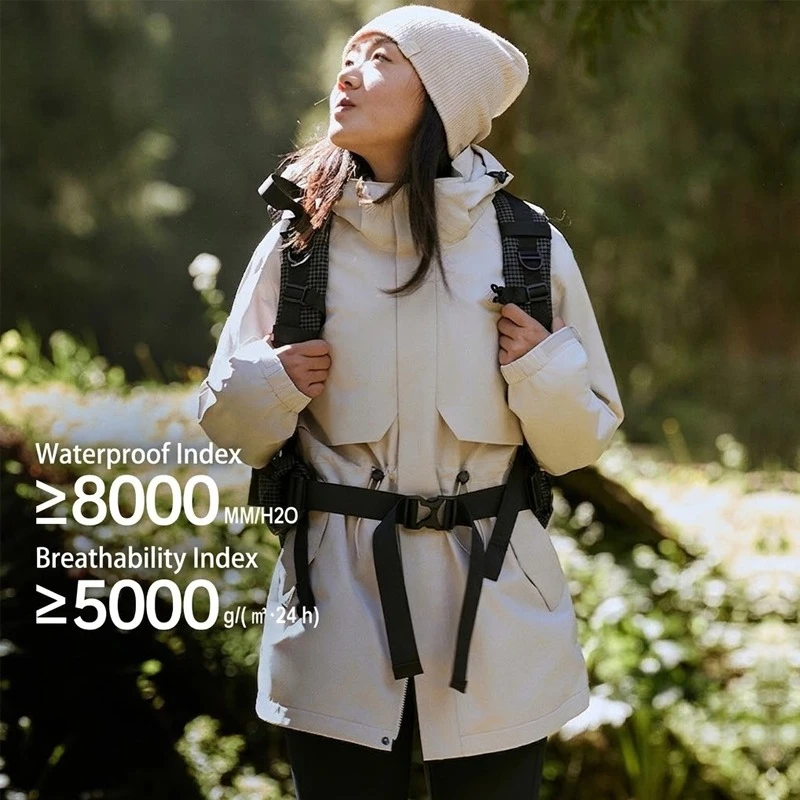 Women's Teflon 3-Proof Fleece-Lined Mid-Length Jacket – Windproof, Water Oil Repellent, Adjustable Waist for Hiking & Urban Wear
