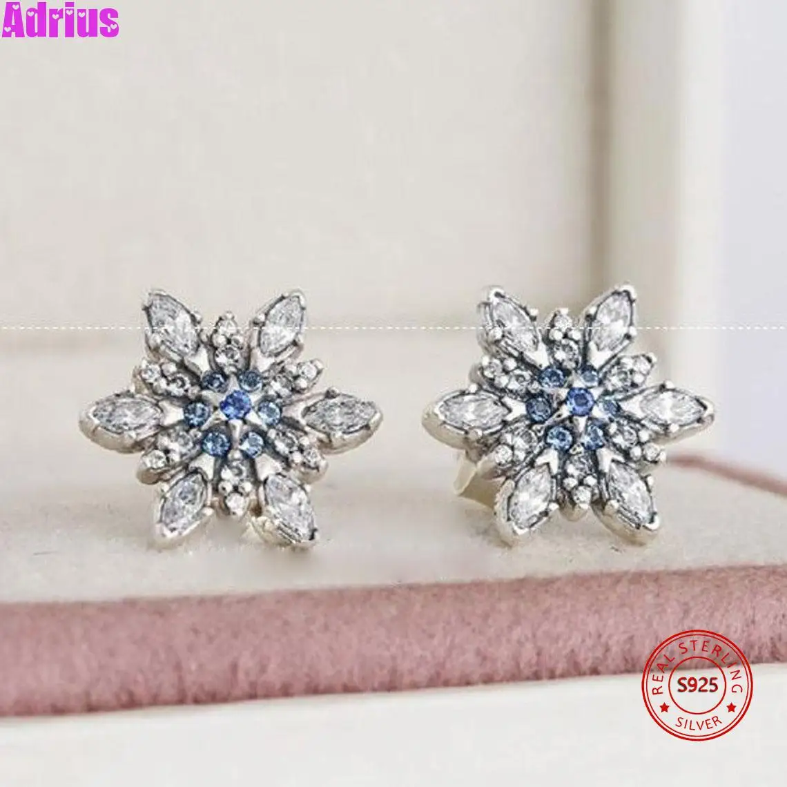 925 Sterling Silver Snowflake With Clear and Blue CZ Fashion Stud Earrings Fits Pandora Jewelry Earrings For Women DIY Making