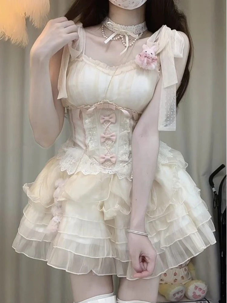 2024 Kawaii Lolita Lace Bow Party Dress Women Sweet Cute Strappy Slim Fairy Dresses Korean Fashion Chic Princess Mini Dress 2024