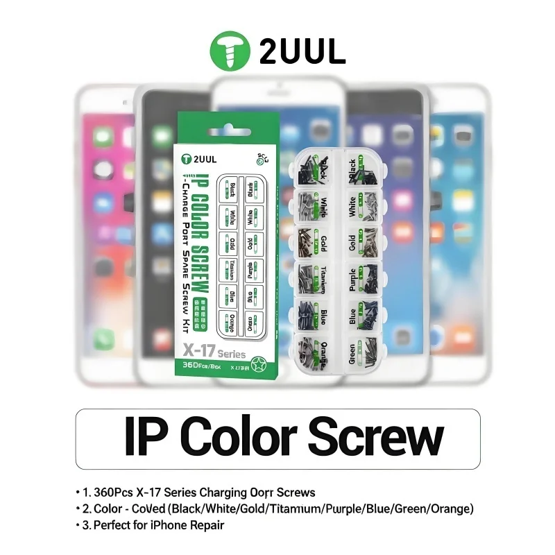 2UUL X-17 Series Phone Charge Port Screw Kit 360Pcs 8 Colors Pentalobe for iPhone X to 17 Pro Max Colorful Charging Port Repair