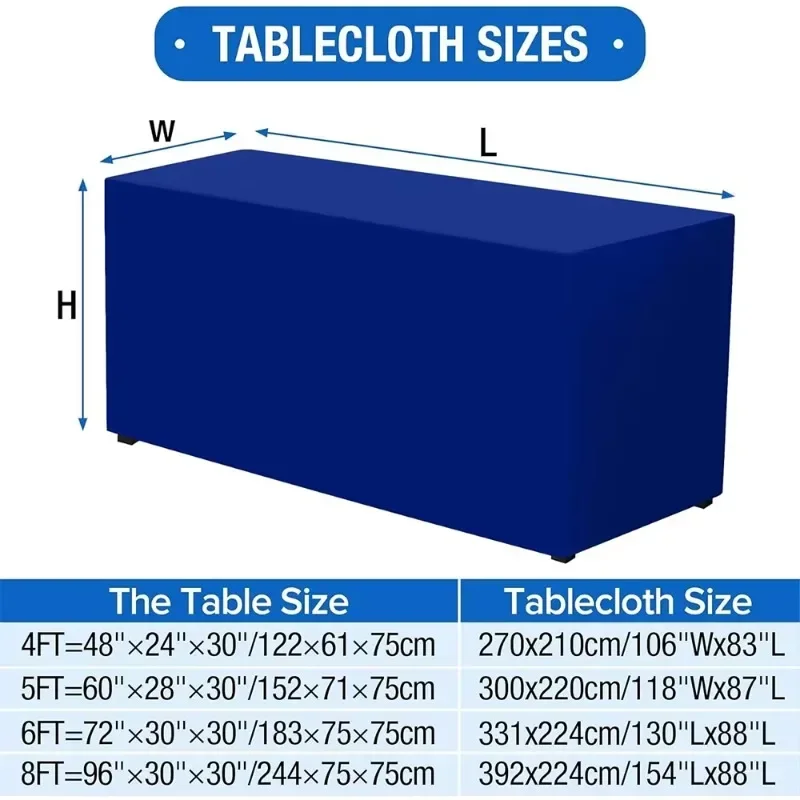 Custom-printed durable elastane advertising desk covers in vibrant blue and red for trade shows
