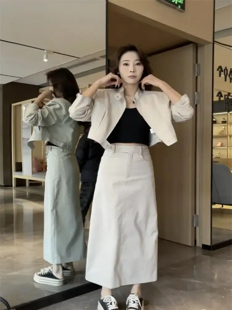

Popular trendy casual suit for women in spring 2025 new light luxury and simple short jacket+slimming skirt two piece set