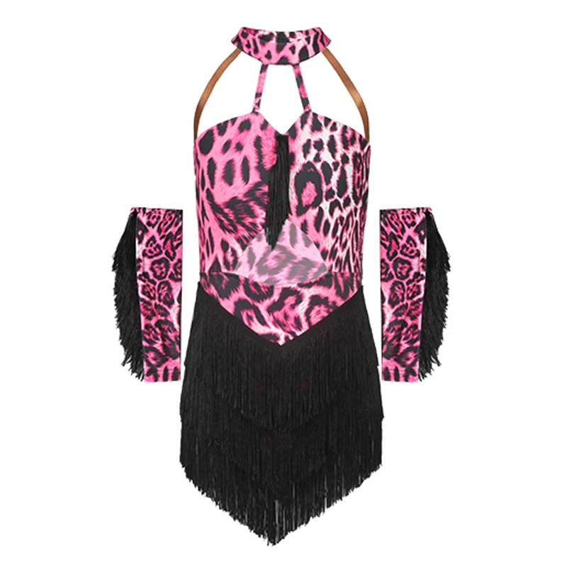 New Girls Latin Dance Clothes Pink Leopard Fringe Dress Performance Suit Kids Cha Cha Rumba Samba Dance Dress Costume DNV17619