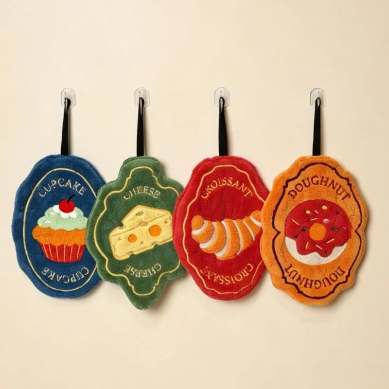 Cute Croissant-Shaped Hanging Towel Absorbent Quick-Dry Coral Fleece Household Hand Towel for Kitchen Bath Dress Accessories