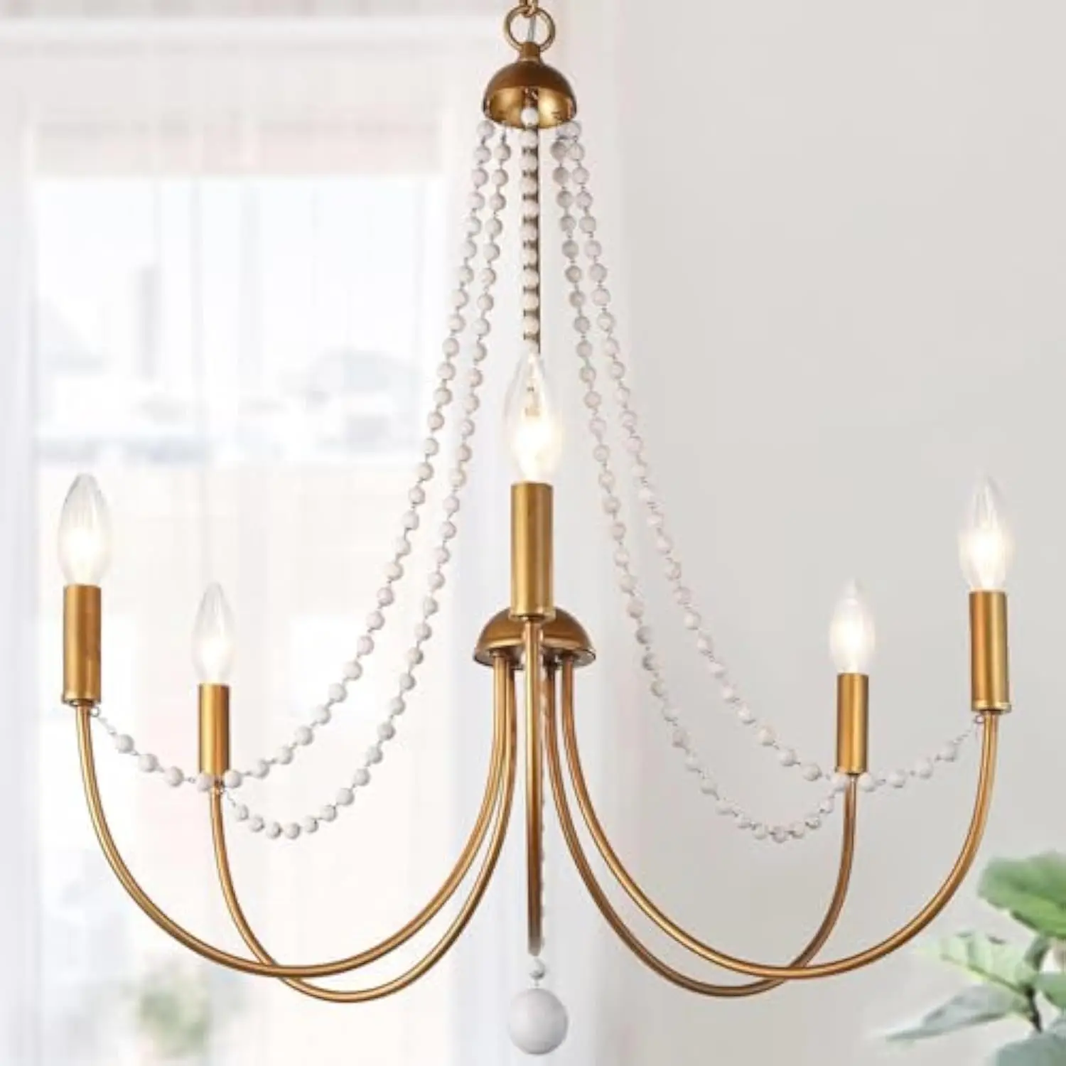

Antique brushed gold chandeliers, modern 5-light dining room chandelier light fixture with wood beads for kitchen island, bedro