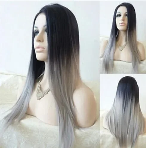 free shipping Long Ombre Tone Color Black & Grey Synthetic Fiber Straight Wig