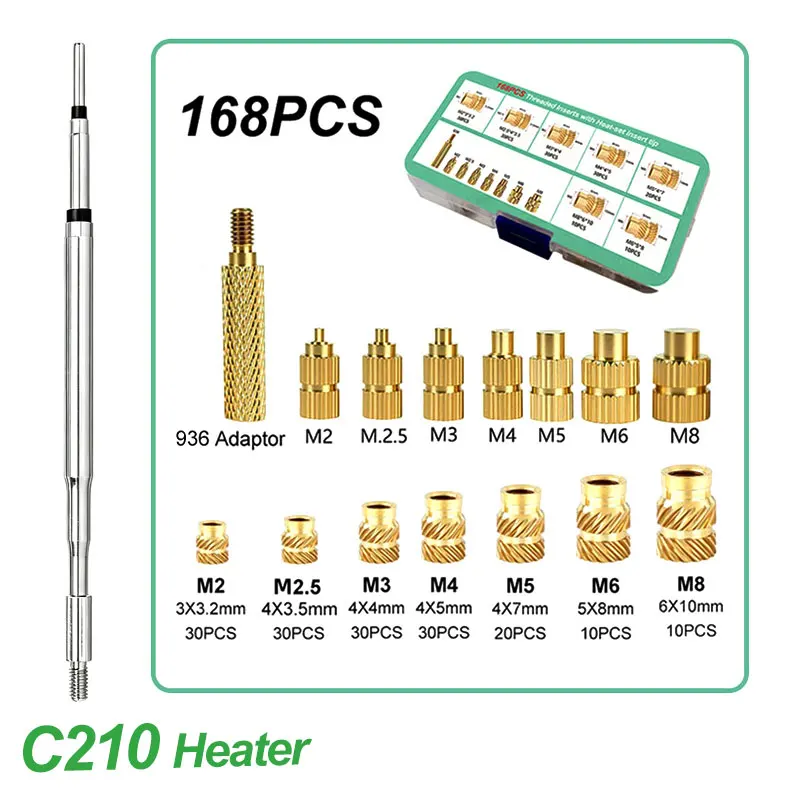 168PCS Oblique Knurl Heat Staking Insert Nut with C210 Adapter 3D Printing Heat Insert Tool Compatible with JBC210/T80/T90A/HS0