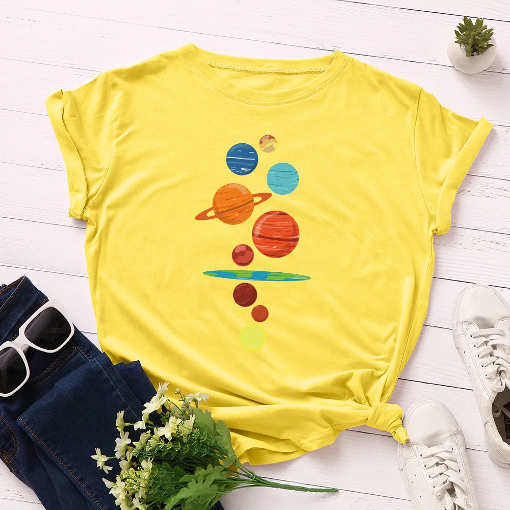 JFUNCY Women T Shirt New Planet Print T-shirts Female Short Sleeve Cotton Tees Tops Woman Summer Tshirt