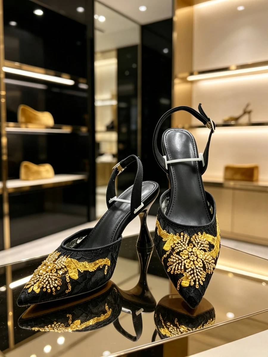 Women Black Lace Slingback Pumps Gold Sequin Floral Embroidery Pointed Toe Mid Heel Sandals Elegant Wedding Party Formal Shoes