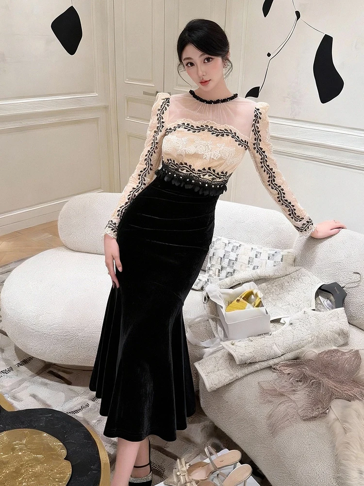 

Elegant Black Velvet Mermaid Midi Dress Women Sheer O Neck Lace Beaded Bodycon Evening Party Prom Formal Dresses Robe Fashion