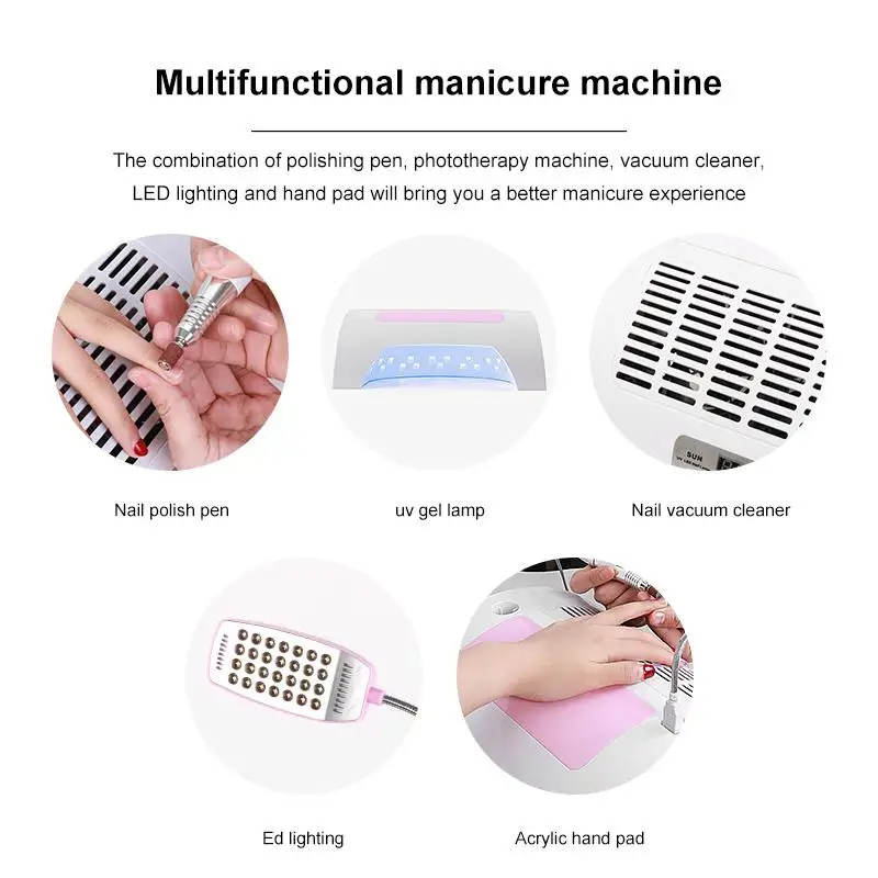 Machine de manucure multi-usage, aspirateur, accessoires pour ongles, sèche-ongles, perceuse à ongles électrique, lampe à LED UV, art des ongles