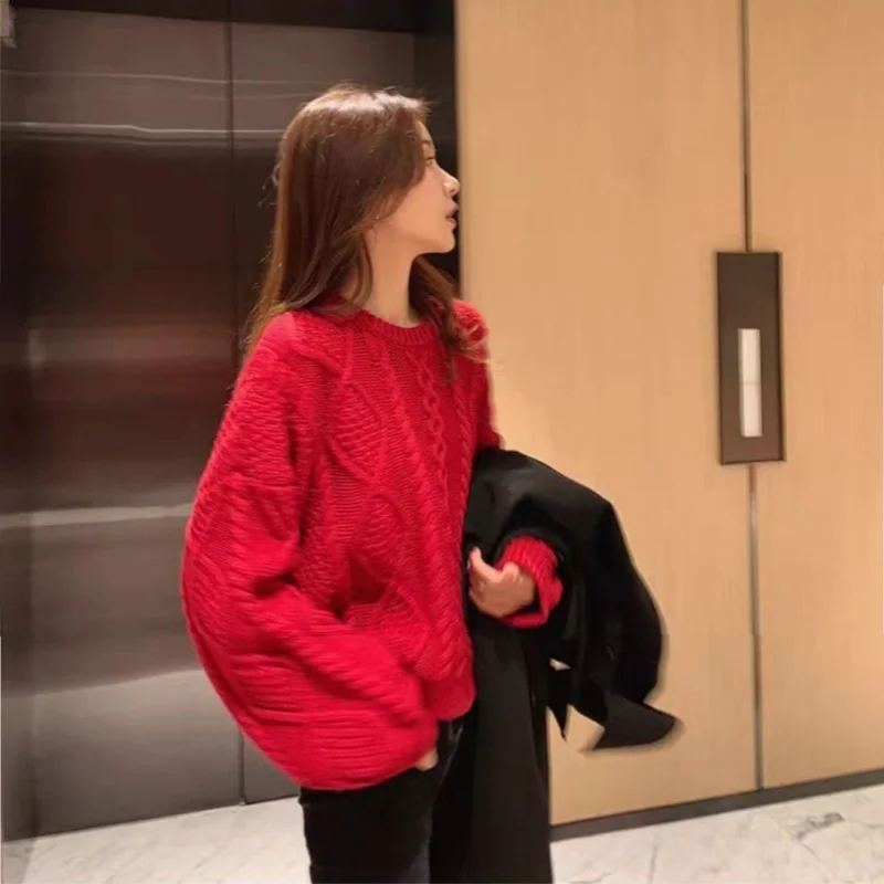 المرأة الياقة المستديرة سترة 100% ميرينو كنزة صوفية من الصوف الخريف الشتاء طويلة الأكمام الإناث فضفاضة الصوف تريكو بلوزات على الموضة #2