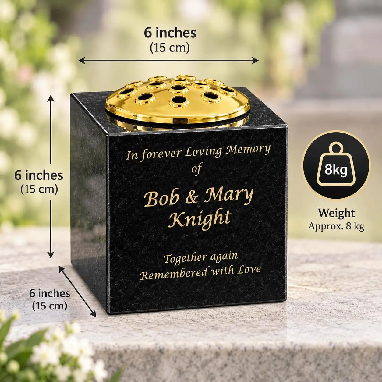 Personalised Granite Memorial Vase, Solid Granite, Heavy 8kg, Engraved 6x6x6 Inch, Gold Lettering, Crematorium, Grave Marker, Gr