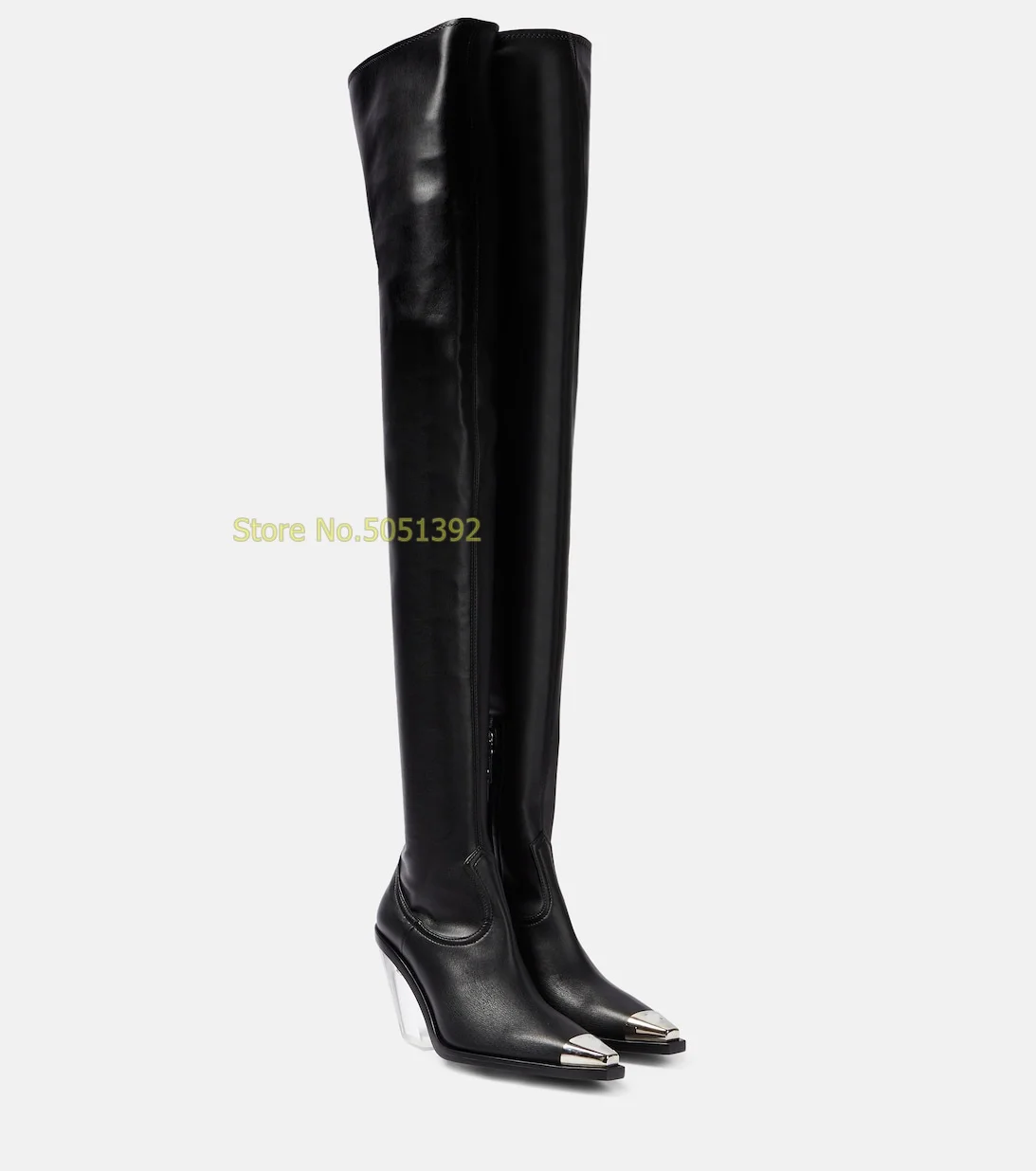 Leather Over The Knee Boots Metal Toe Transparent Block Heel Thigh High 2024 New Arrivals Fashion Runway Winter Women Boots