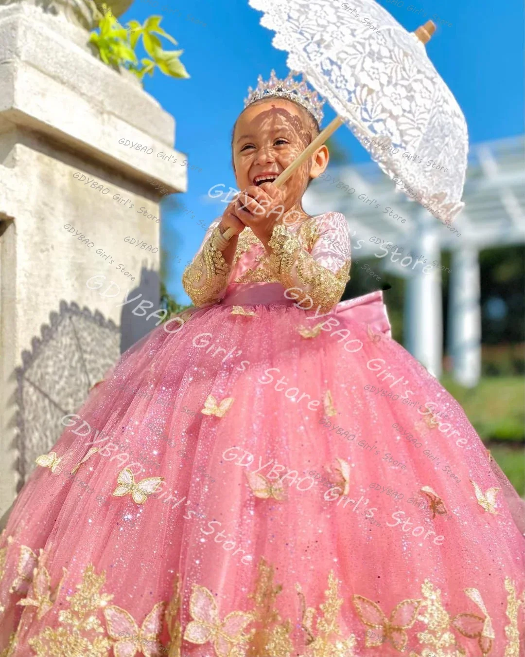 Vestido de princesa de encaje dorado para niñas, vestido rosa de manga larga para boda, vestido de niña de flores con lazo, vestidos de cumpleaños para desfile, hechos a medida