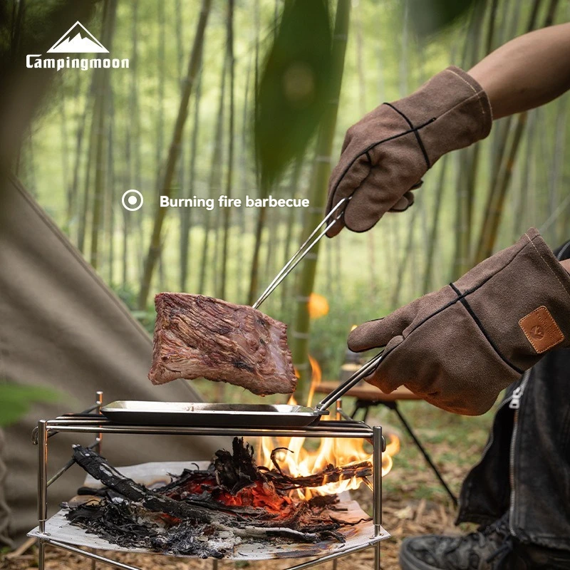 

CAMPINGMOON Q28 Двухслойная съемная внутренняя кастрюля с защитой для рук, перчатки для кемпинга на открытом воздухе, перчатки для работы с дровами из воловьей кожи с теплоизоляцией