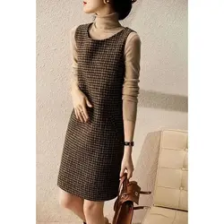 Thousand Bird Grid Round Neck Sleeveless Vest Dress Women's 2024 Spring and Autumn New High-end Mid to Long Woolen Vest Skirt
