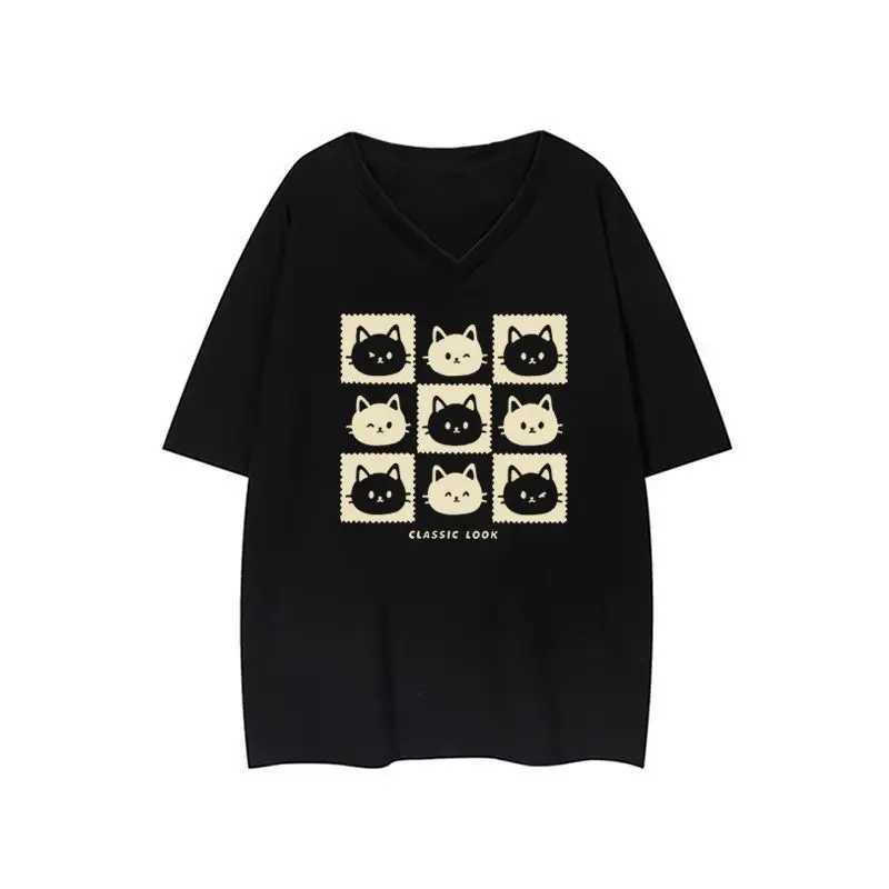 Plus Size 5XL 140KG Summer Women Cotton T-shirts Short Sleeve V Neck Cat Print Tops Oversized Female Woman clothing Tees