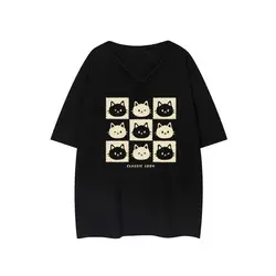 Plus Size 5XL 140KG Summer Women Cotton T-shirts Short Sleeve V Neck Cat Print Tops Oversized Female Woman clothing Tees