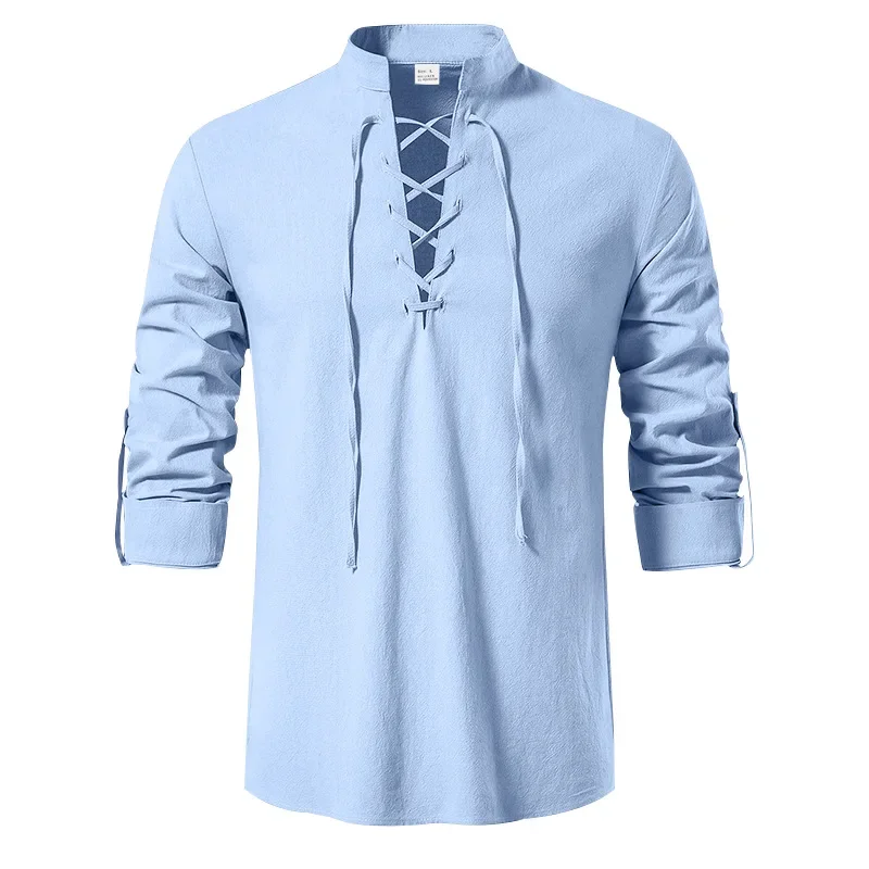 2026 cross-border men's cotton and linen cross-strap long-sleeved t-shirt autumn retro medieval style stand-up collar