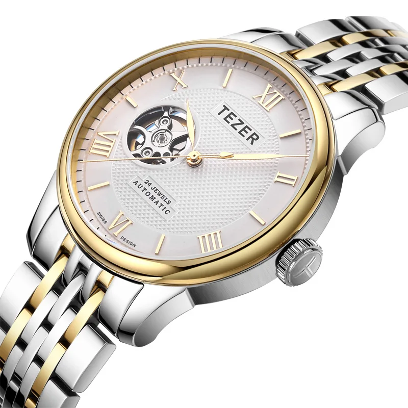 TEZER Men Automatic Watch | Two‑Tone Stainless Steel Band | Sapphire Glass | 50M Water Resistant Business Mechanical Wristwatch