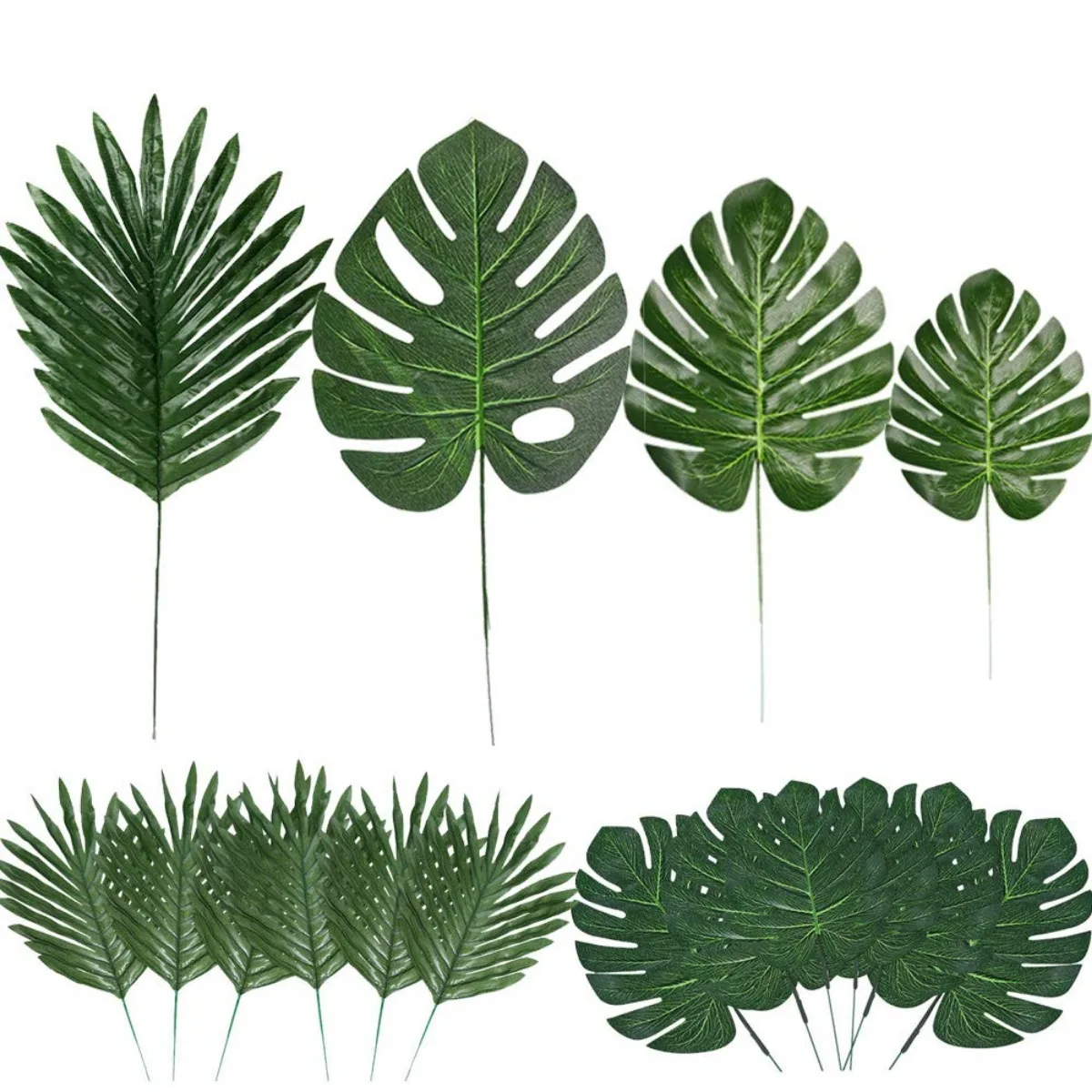 

60pcs Palm Leaves Artificial Tropical Monstera Green Fake Palm Leaf with Stems for Jungle Hawaiian Wedding Birthday Party Decor