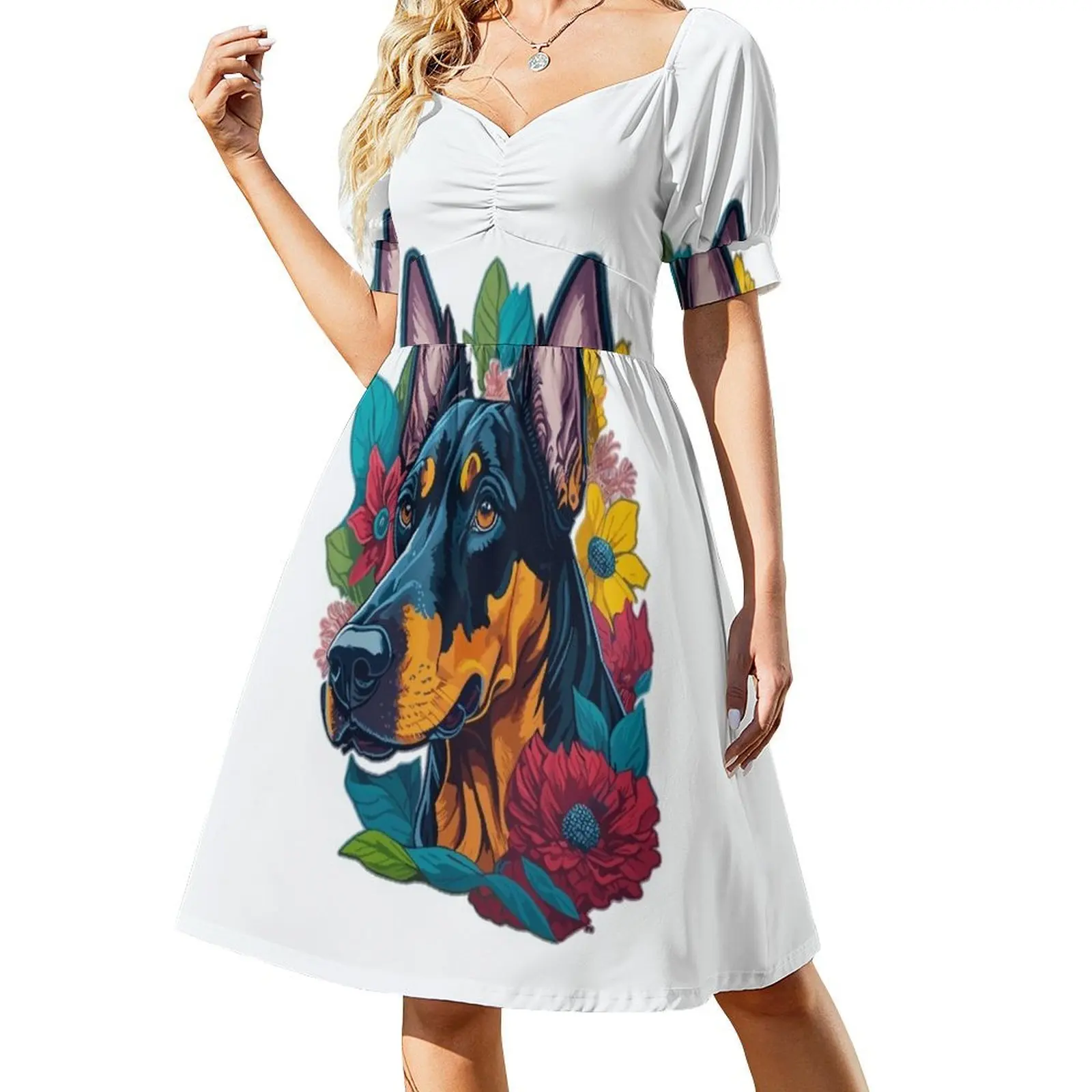 Doberman with a Splash of Flowers Short-Sleeved Dress loose women's dress party dresses woman